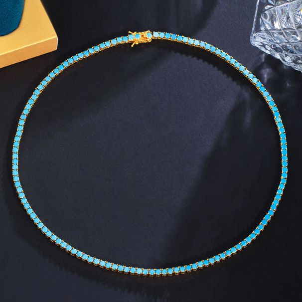 Blue Turquoise Clavicle Brass Gold Plated Single Row 3mm Hip Hop Tennis Chain Necklace Jewelry_ipsvogv.com