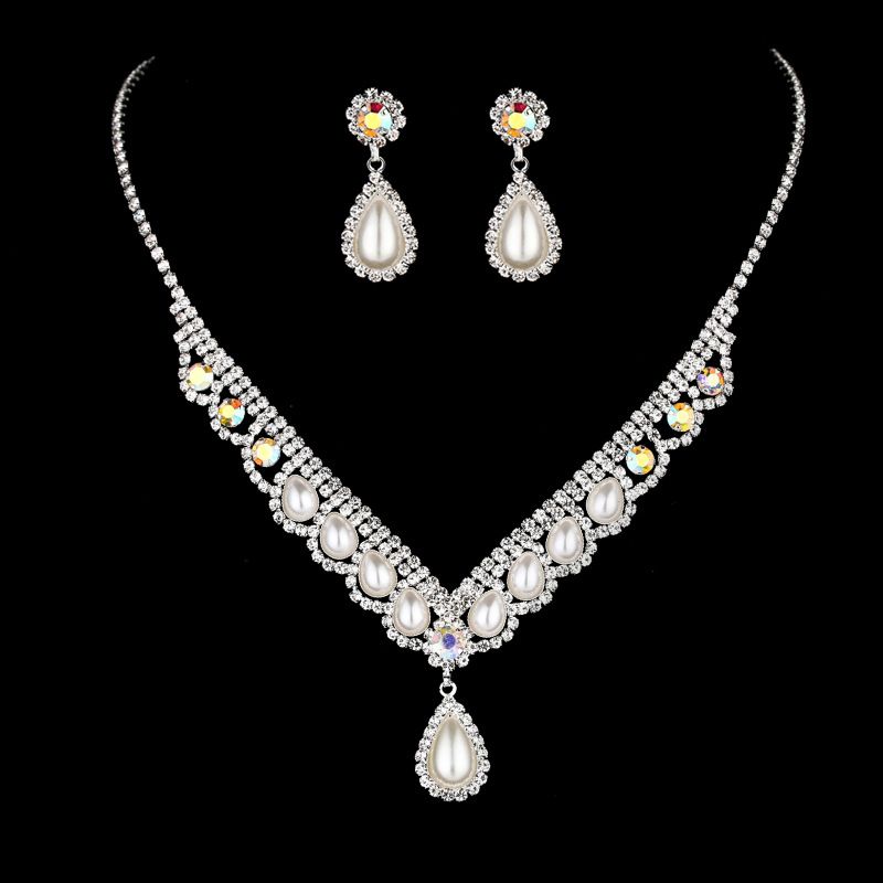Elegant Bridal Jewelry Set - Silver Pearl & Diamond Necklace & Earrings (Wedding Accessories, Water Diamond Design)_ipsvogv.com