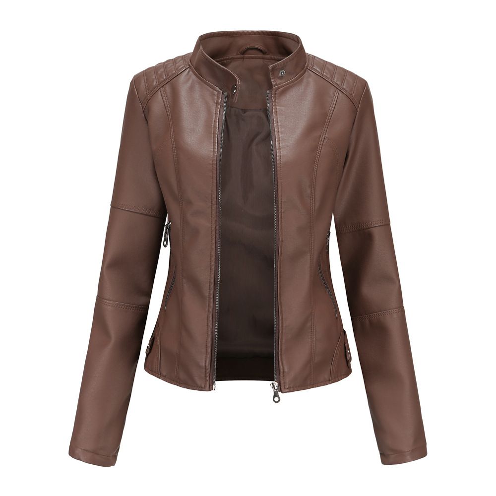 Women's slim jacket Jacket Women's biker jacket large size standing collar leather jacket_ipsvogv.com