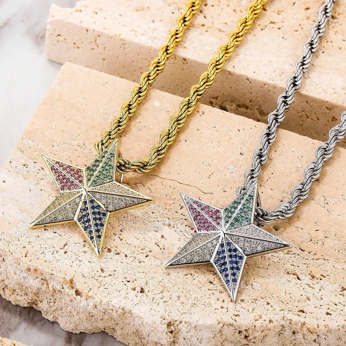 New Menss Hip Hop Colorful Cubic Zirconia Star Pendant Necklace Full Diamond Multi-color Pentagram Charm Brooch Copper_ipsvogv.com