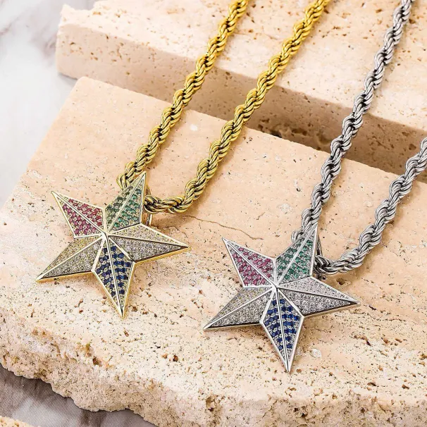 New Menss Hip Hop Colorful Cubic Zirconia Star Pendant Necklace Full Diamond Multi-color Pentagram Charm Brooch Copper_ipsvogv.com