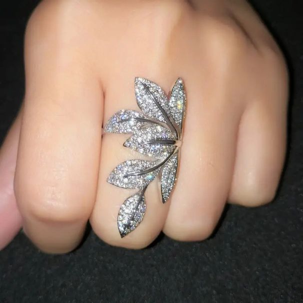 Cao Shi Leaves Decorated Zircon Fashion Female Index Finger Exaggerated Ring, Trendy Flower Ring_ipsvogv.com