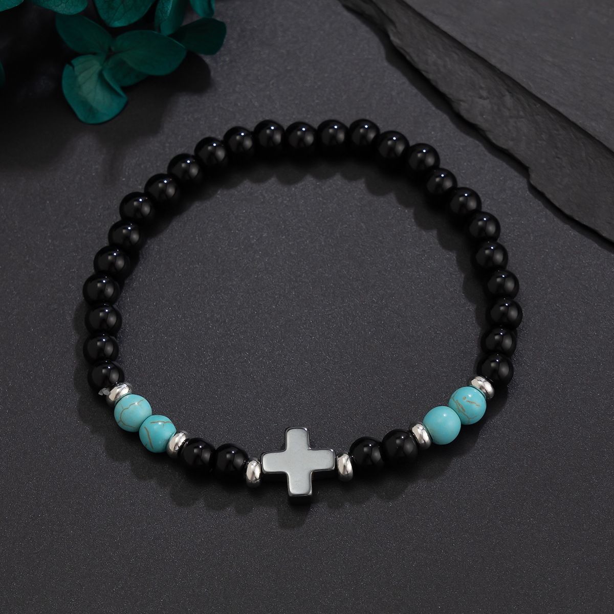 Cross Tiger Stone Beaded Bracelet For Men, Trendy Hip-Hop Niche High-End Feel, Simple Turquoise Hand Jewelry_ipsvogv.com