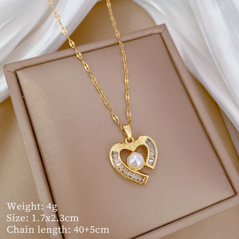 【 Titanium Steel 】 Necklace Earring Light Luxury Full Diamond Love Pearl Personalized Temperament Banquet Earrings Set_ipsvogv.com