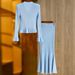 Women's Clothing autumn new knitted skirt trumpet sleeve top + fishtail hip skirt V neck hollow waist skirt_ipsvogv.com