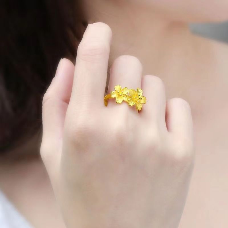 Gold Plated Non Fading Double Flower Gold Women's Ring With Adjustable Finger Ring, Birthday Gift_ipsvogv.com
