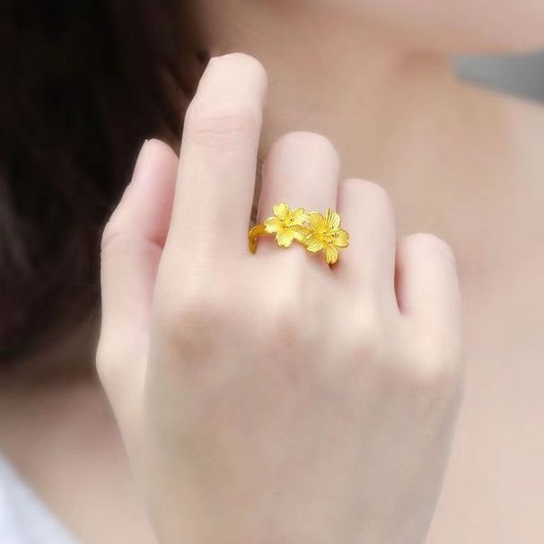 Gold Plated Non Fading Double Flower Gold Women's Ring With Adjustable Finger Ring, Birthday Gift_ipsvogv.com
