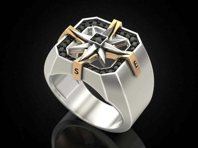 Viking Compass Seal Plated With S Silver Men's Two-color Ring_ipsvogv.com