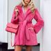 Women's Clothing suit collar mid length waist belt style fur jacket top _ipsvogv.com