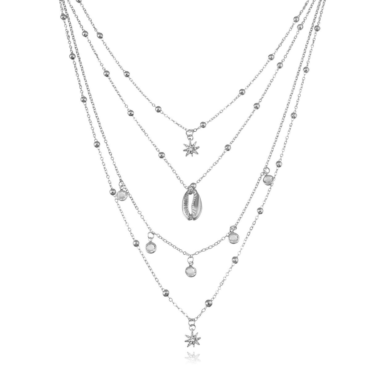Women's full diamond six pointed star pendant necklace Multi layer hip hop retro rhinestone shell necklace_ipsvogv.com