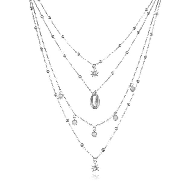 Women's full diamond six pointed star pendant necklace Multi layer hip hop retro rhinestone shell necklace_ipsvogv.com
