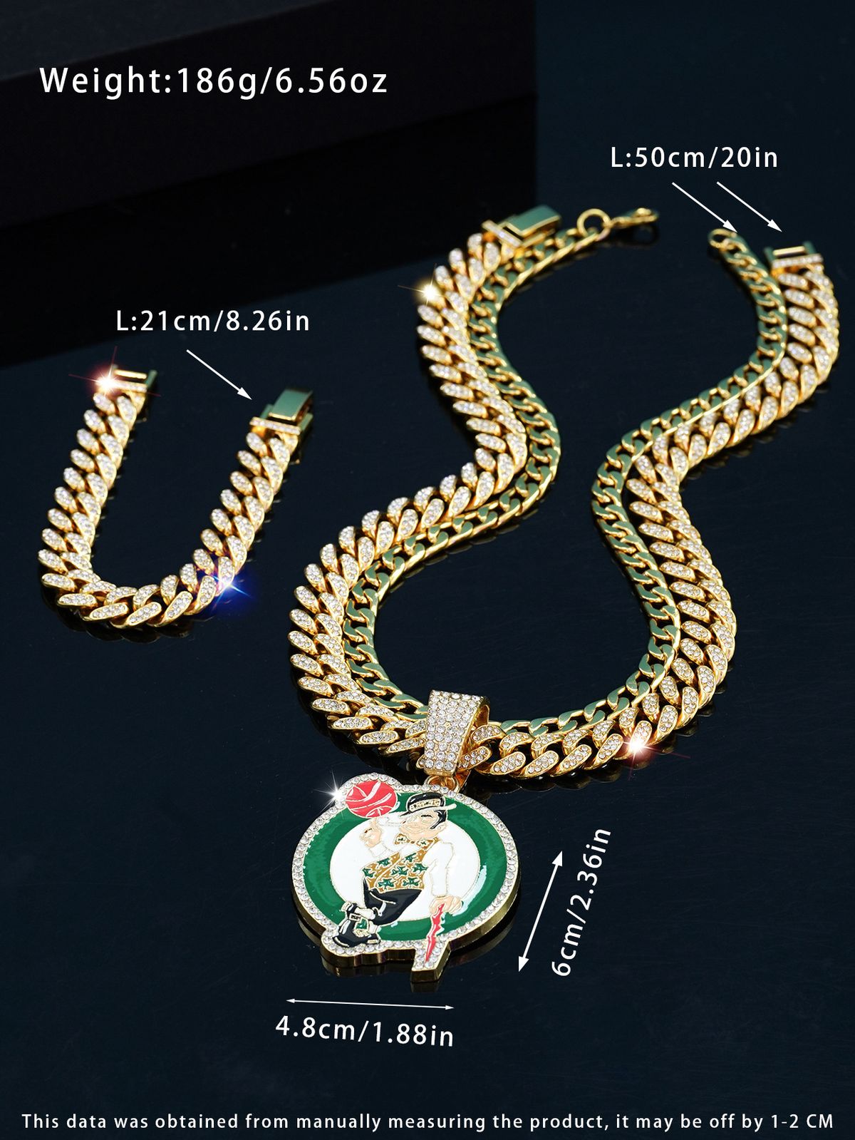 Fashion Jewelry Personality Full Diamond Portrait Basketball Pendant Necklace Men's Hip Hop Cuban Chain Bracelet Three Piece Set_ipsvogv.com