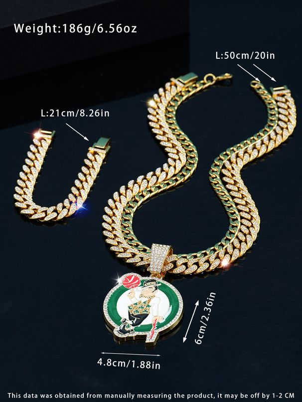 Fashion Jewelry Personality Full Diamond Portrait Basketball Pendant Necklace Men's Hip Hop Cuban Chain Bracelet Three Piece Set_ipsvogv.com