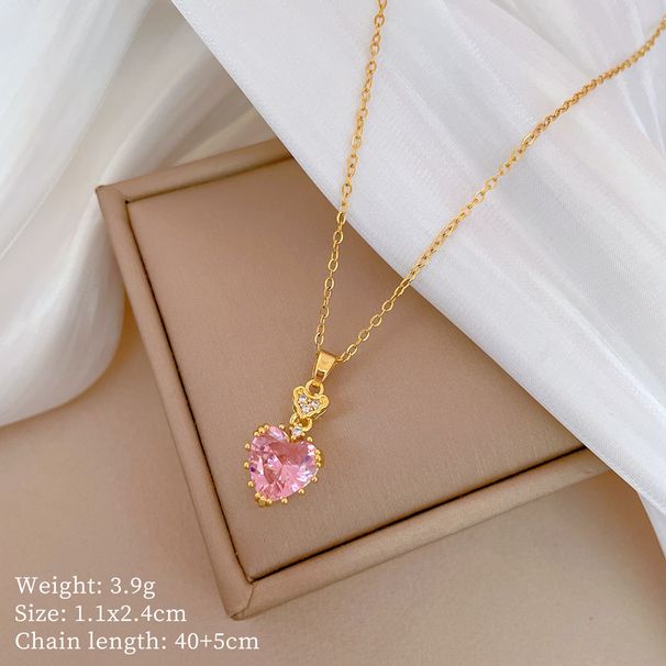 Steel 【 Titanium 】 Pink Heart-Shaped Zircon Light Luxury Temperament Gorgeous Full Diamond Necklace Women's Versatile 【 】_ipsvogv.com