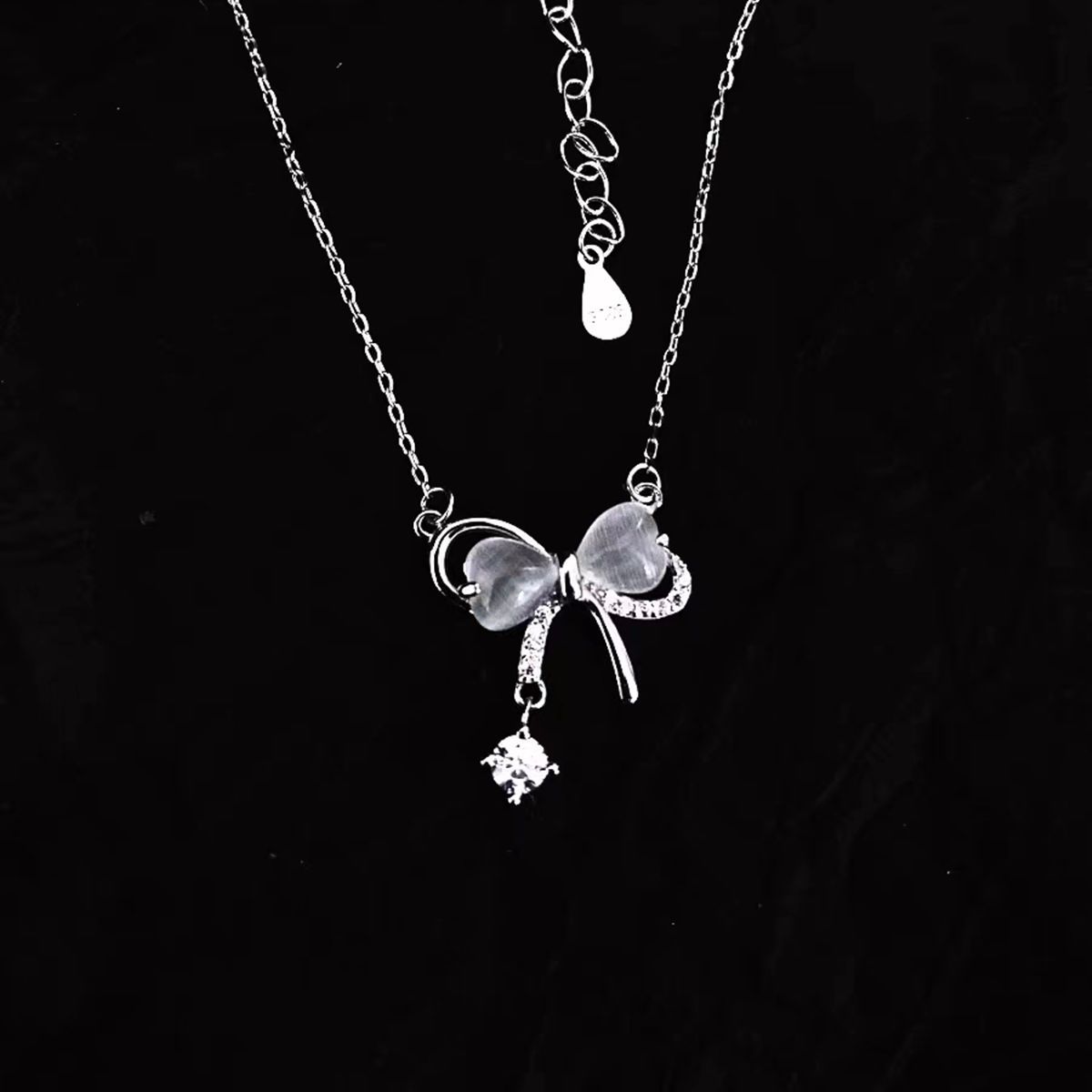 S Pure Silver Moon Messenger Necklace, Female Ins, Niche Design, Temperament, Light Luxury, Cat Eye Stone, Bow,_ipsvogv.com