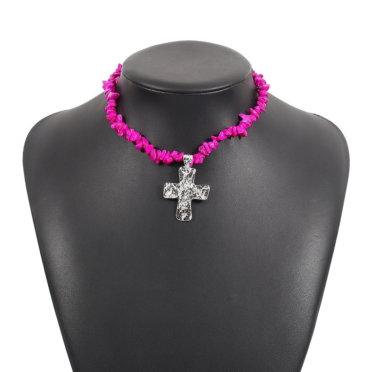 11752 Irregular Western Cowboy Style Natural Stone Turquoise Cross Necklace_ipsvogv.com