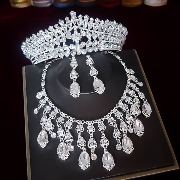Bride luxury super flash full diamond temperament necklace female earrings high end crown wedding dress three piece jewelry_ipsvogv.com