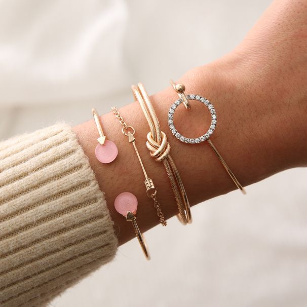 Simple And Minimalist Women's Personality Knot, Circular Ring, Diamond Inlaid Arrow Bracelet, Four Piece Set Bracelet_ipsvogv.com