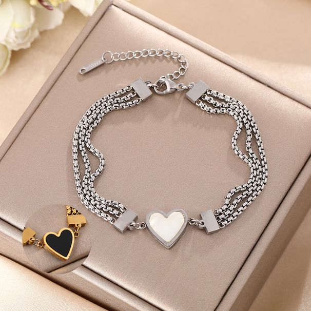 Korean Black White Double-sided Heart-shaped Titanium Steel Bracelet For Women, With A Three-layer Chain And Elegant_ipsvogv.com