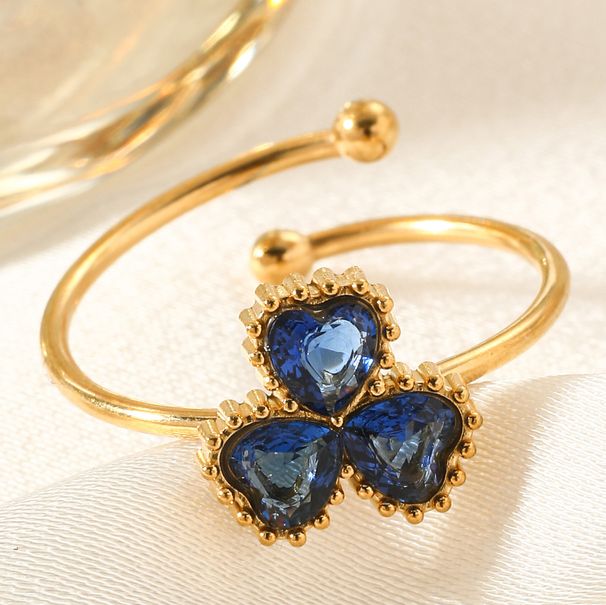 Stainless Steel Genuine Gold Waterproof Opening With Zircon Four Leaf Clover Heart Lucky Woman Ring_ipsvogv.com