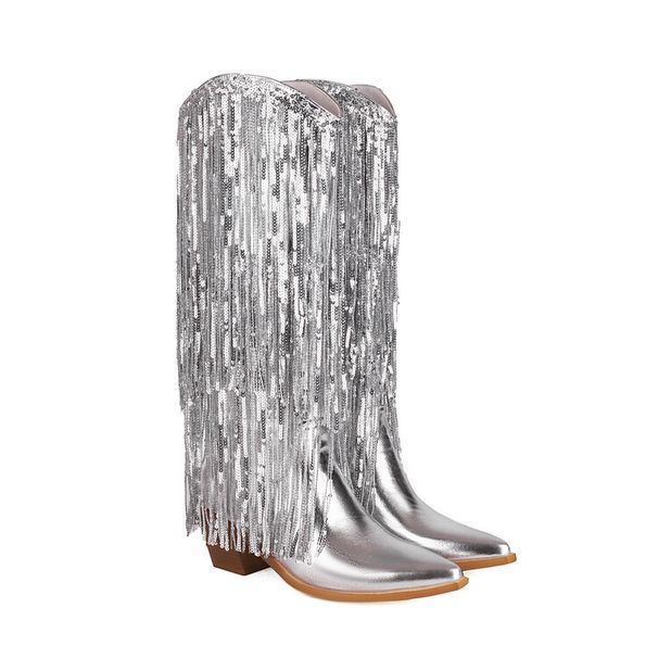 Women's Shoes autumn and winter tassel sequined western boots pointed toe thick heel high heel long tube mirrored patent leather women's boots_ipsvogv.com