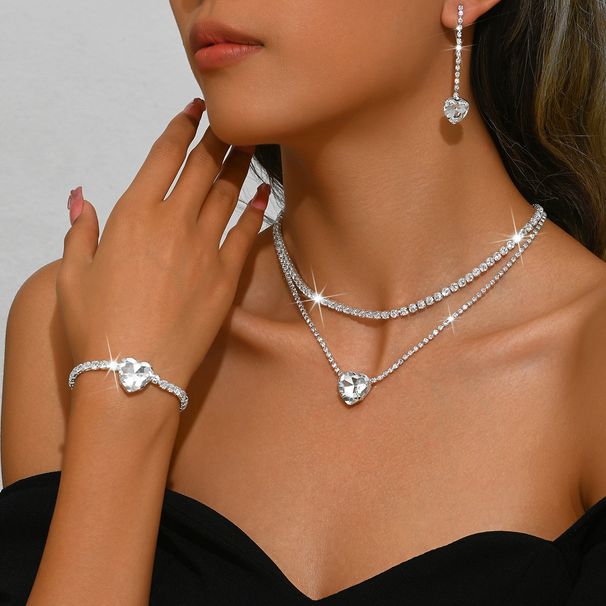 Women’s Jewelry Set Fashion Jewelry Peach Heart Rhinestone Necklace Earrings Bracelet Three Piece Set Fashionable Bridal Suit Dress Accessories_ipsvogv.com