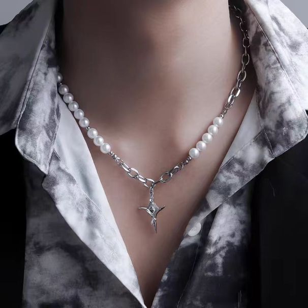 Pearl Star Cross Necklace Men, Trendy Hip-hop, High-end, Cool And Versatile, Niche Design, Collarbone Chain For Women_ipsvogv.com