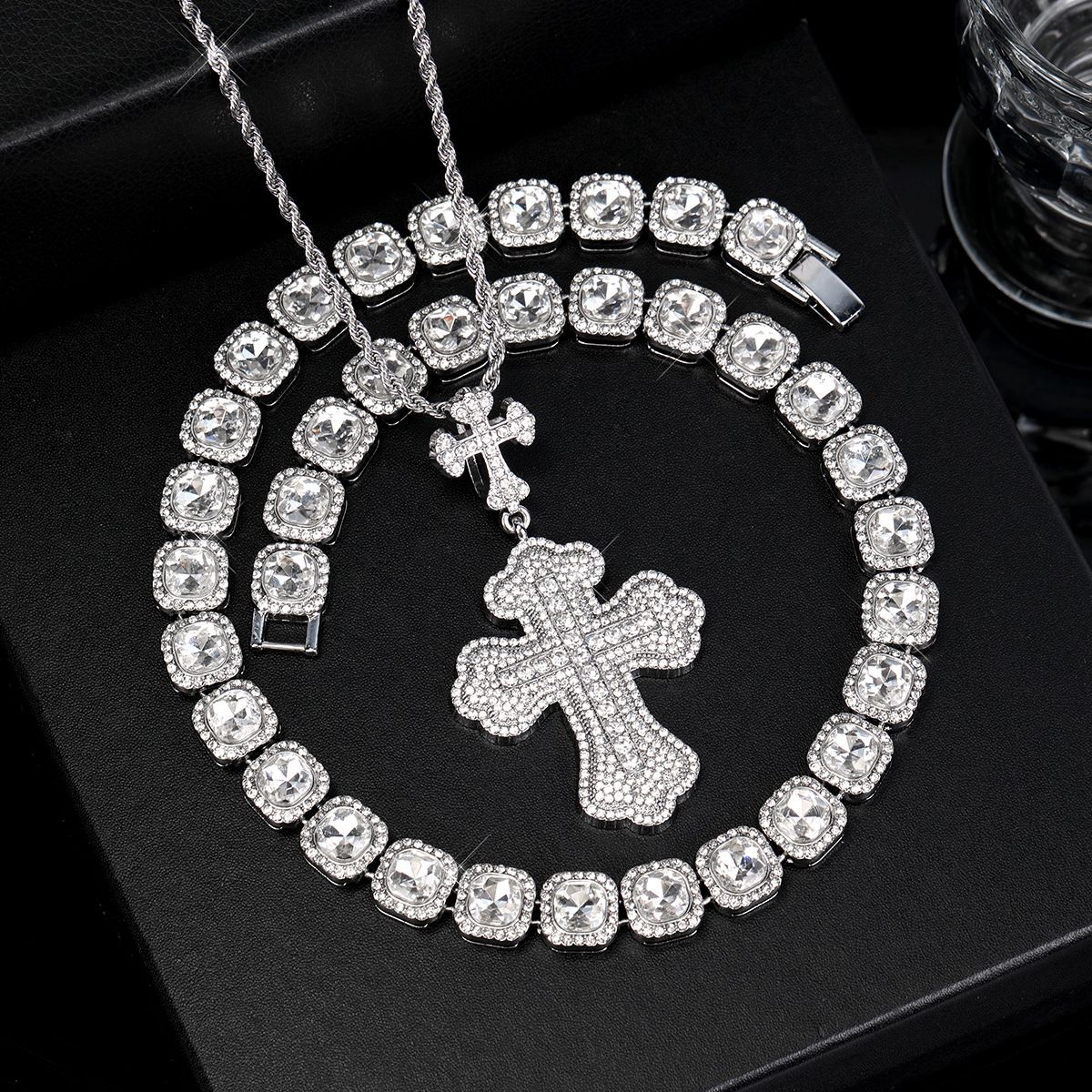 New Cross Rhinestone Pendant Fashion Trend Full Diamond Men's Hip Hop Necklace Set_ipsvogv.com