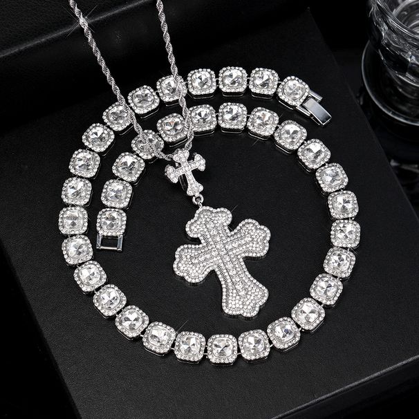 New Cross Rhinestone Pendant Fashion Trend Full Diamond Men's Hip Hop Necklace Set_ipsvogv.com
