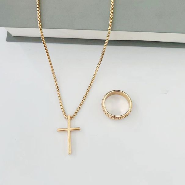 Jewelry men's cross necklace bracelet ring three piece set hip hop personality versatile accessories_ipsvogv.com