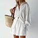 Hollow jacquard niche French long-sleeved suit shirt shorts casual women's design white_ipsvogv.com