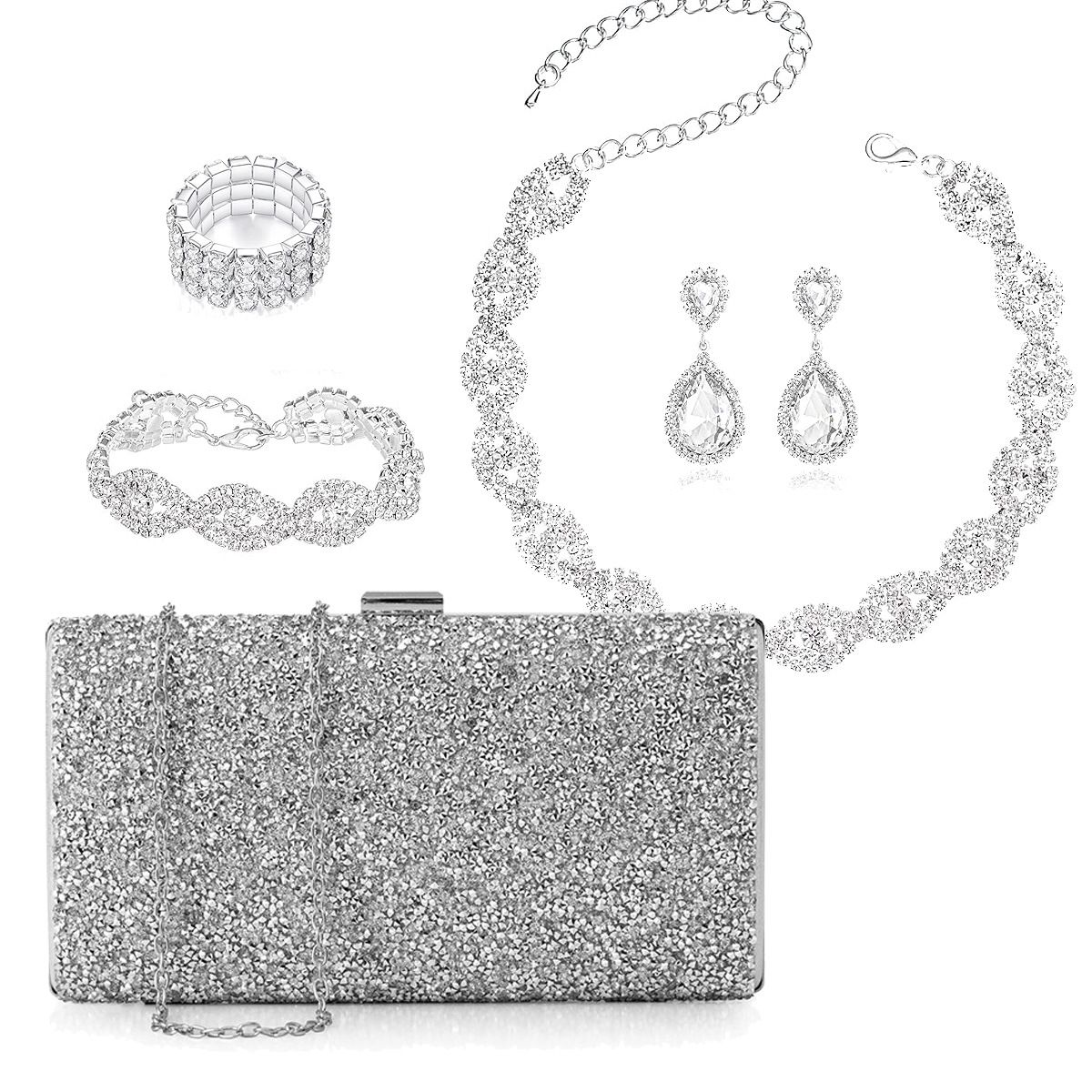 Bride rhinestone diamond twist diamond bracelet jewelry set five piece set diamond square box evening bag women_ipsvogv.com