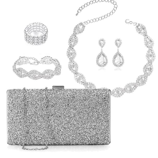 Bride rhinestone diamond twist diamond bracelet jewelry set five piece set diamond square box evening bag women_ipsvogv.com