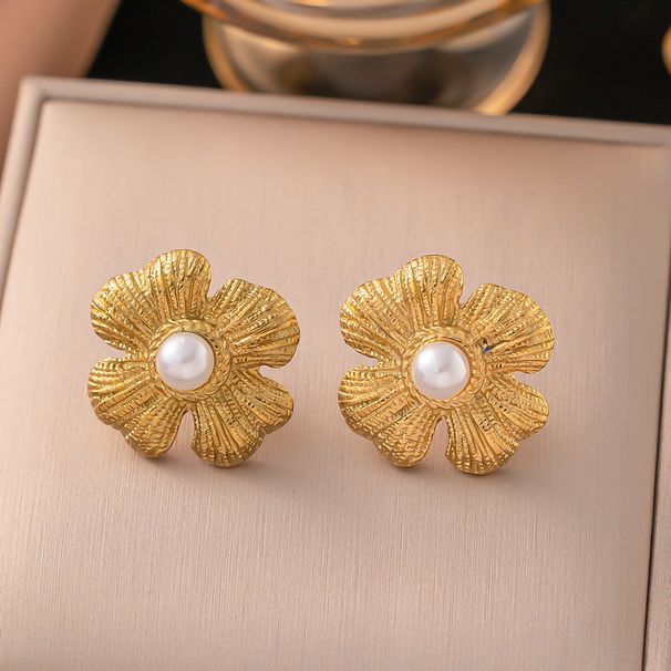 Wind Titanium Steel Gold-plated Petal Shaped Earrings Inlaid With Pearl For Women's Earring Accessories_ipsvogv.com