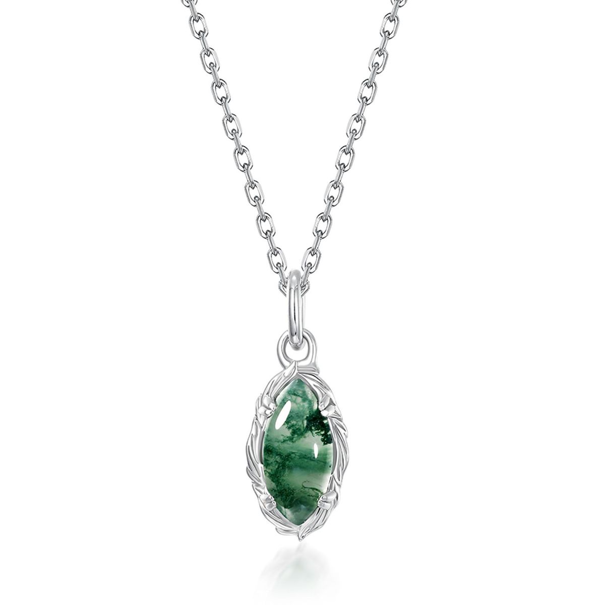 Olive Branch Simple Green Moss Stone Pendant Female S925 Silver Inlaid Water Grass Agate Sweater Pendant_ipsvogv.com