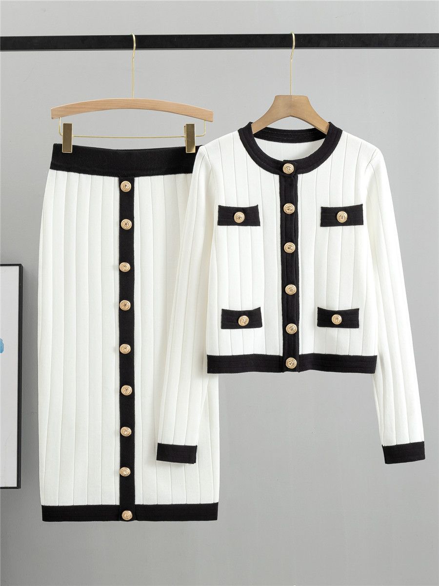 Women's haute couture French socialite knit suit slim coat skirt two-piece set_ipsvogv.com