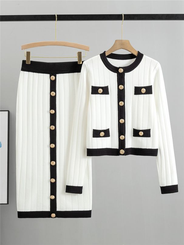 Women's haute couture French socialite knit suit slim coat skirt two-piece set_ipsvogv.com