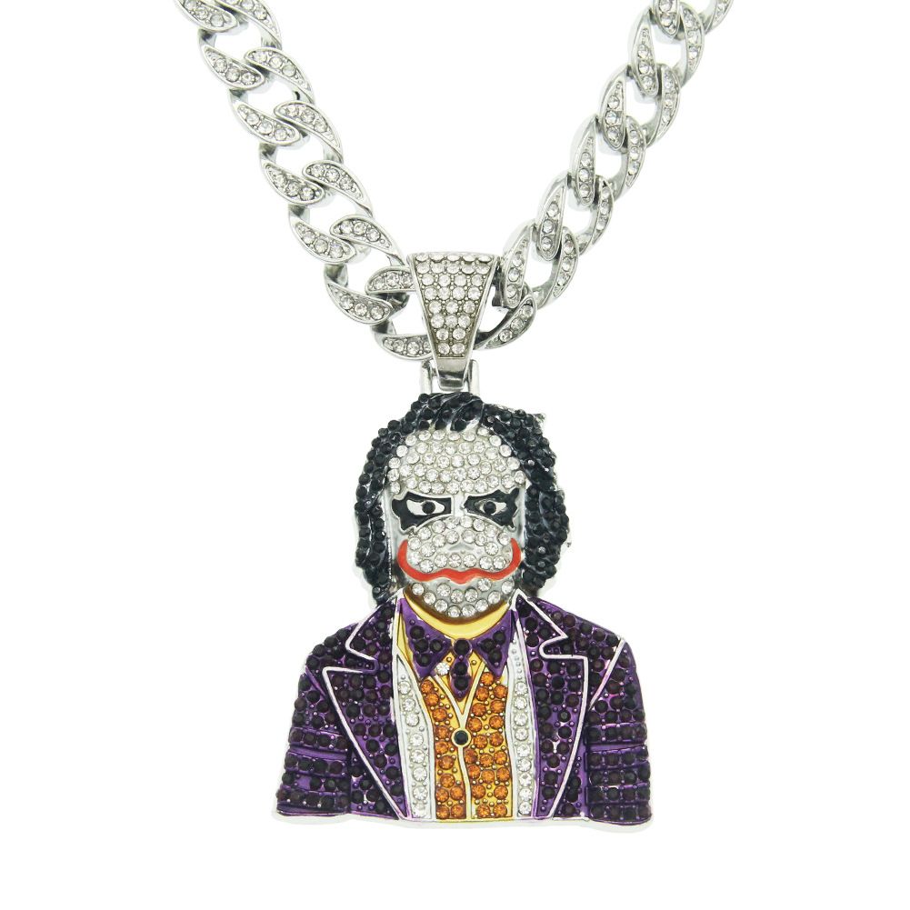 Hip hop cosplay three-dimensional diamond inlaid clown pendant necklace trendy men street dance nightclub Cuban chain_ipsvogv.com