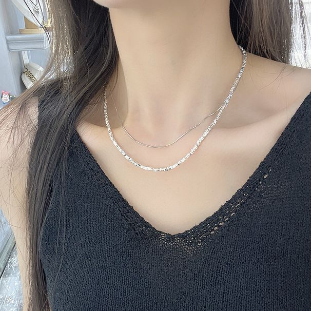 Geometric Broken Silver Square Necklace With Niche Design, Light Luxury And Versatile, Irregularly Cut Double-layer_ipsvogv.com
