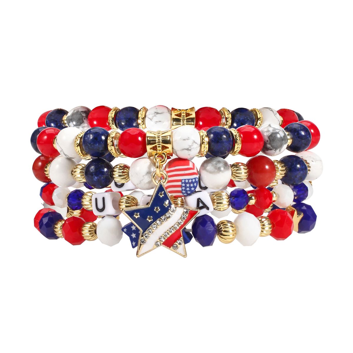 Handmade Patriotic Beaded Bracelet With Natural Stones - USA Flag & Star Design - Unisex Jewelry For Men And Women Adjustable Sizes Five Pointed Star_ipsvogv.com