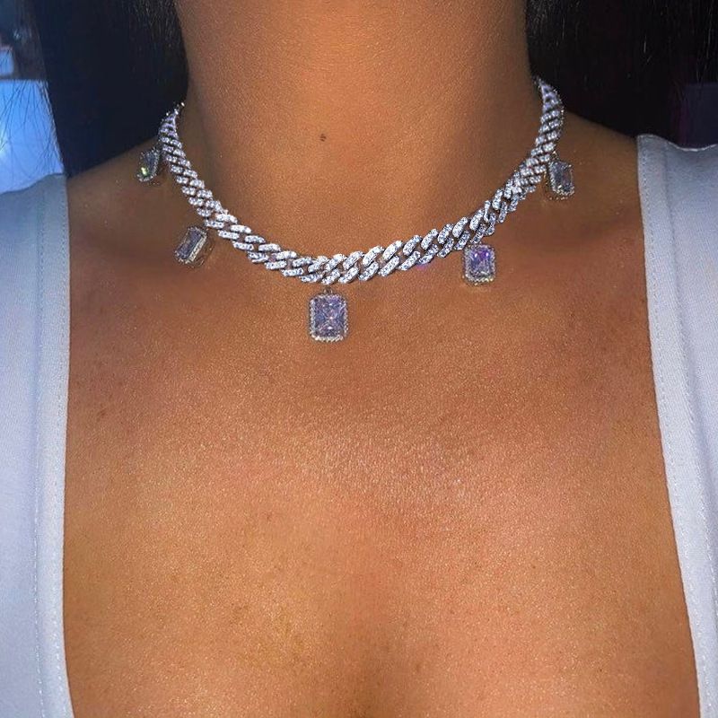 Micro-inlaid Square Zircon Pendant Necklace Trendy Hip-hop New Cuban Chain Necklace_ipsvogv.com