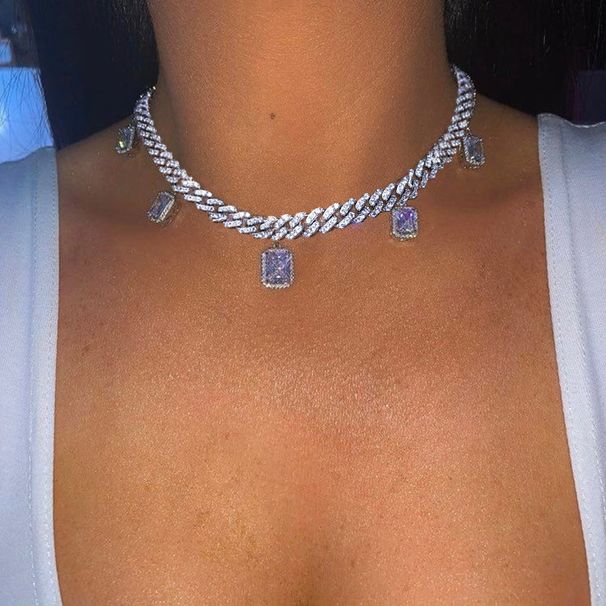 Micro-inlaid Square Zircon Pendant Necklace Trendy Hip-hop New Cuban Chain Necklace_ipsvogv.com