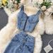 Women Sexy short camisole vest high waisted denim skirt_ipsvogv.com
