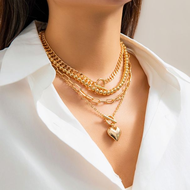 ins style simple beaded necklace set women's sweet and cool geometric OT buckle short love necklace accessories_ipsvogv.com