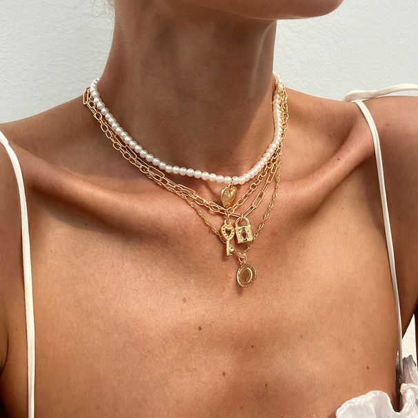 Temperament Pearl Bead Love Fish Bone Pendant Fashionable Lock Shaped Key Collarbone Necklace_ipsvogv.com
