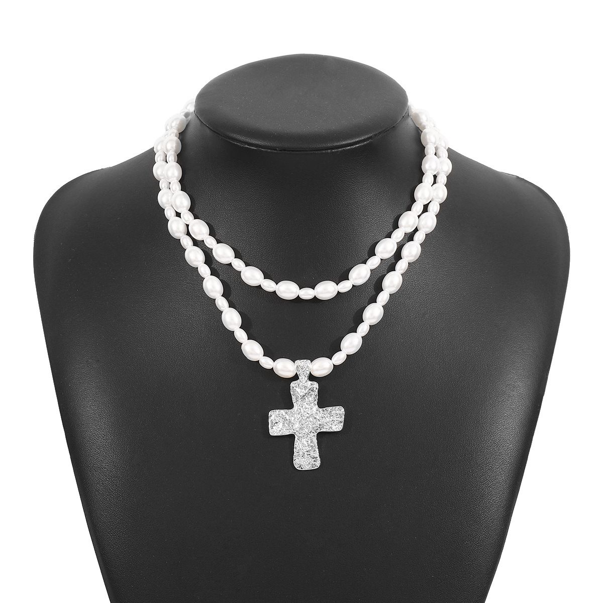 N12046 New Product Cross Pendant Necklace French Pearl Double Layer Stacked Collar Chain_ipsvogv.com