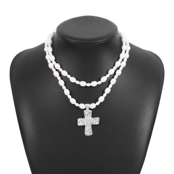 N12046 New Product Cross Pendant Necklace French Pearl Double Layer Stacked Collar Chain_ipsvogv.com