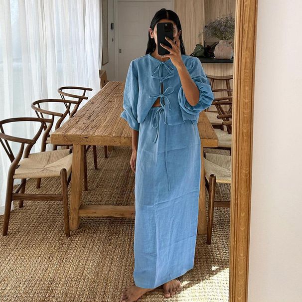 Women's Clothing new retro tea style outfit a complete set of puff sleeve shirt suit summer women's skirt_ipsvogv.com