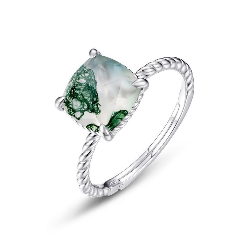 twisted Ring Wall Inlaid Water Grass Agate Ring S925 Silver Natural Green Moss Stone Open Ring Atmosphere_ipsvogv.com
