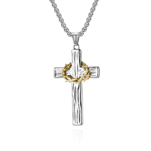Men's Jewelry Retro Titanium Steel Wreath Cross Necklace Two Color Wood Grain Stainless Steel Prayer Pendant Literary Cold Jewelry_ipsvogv.com